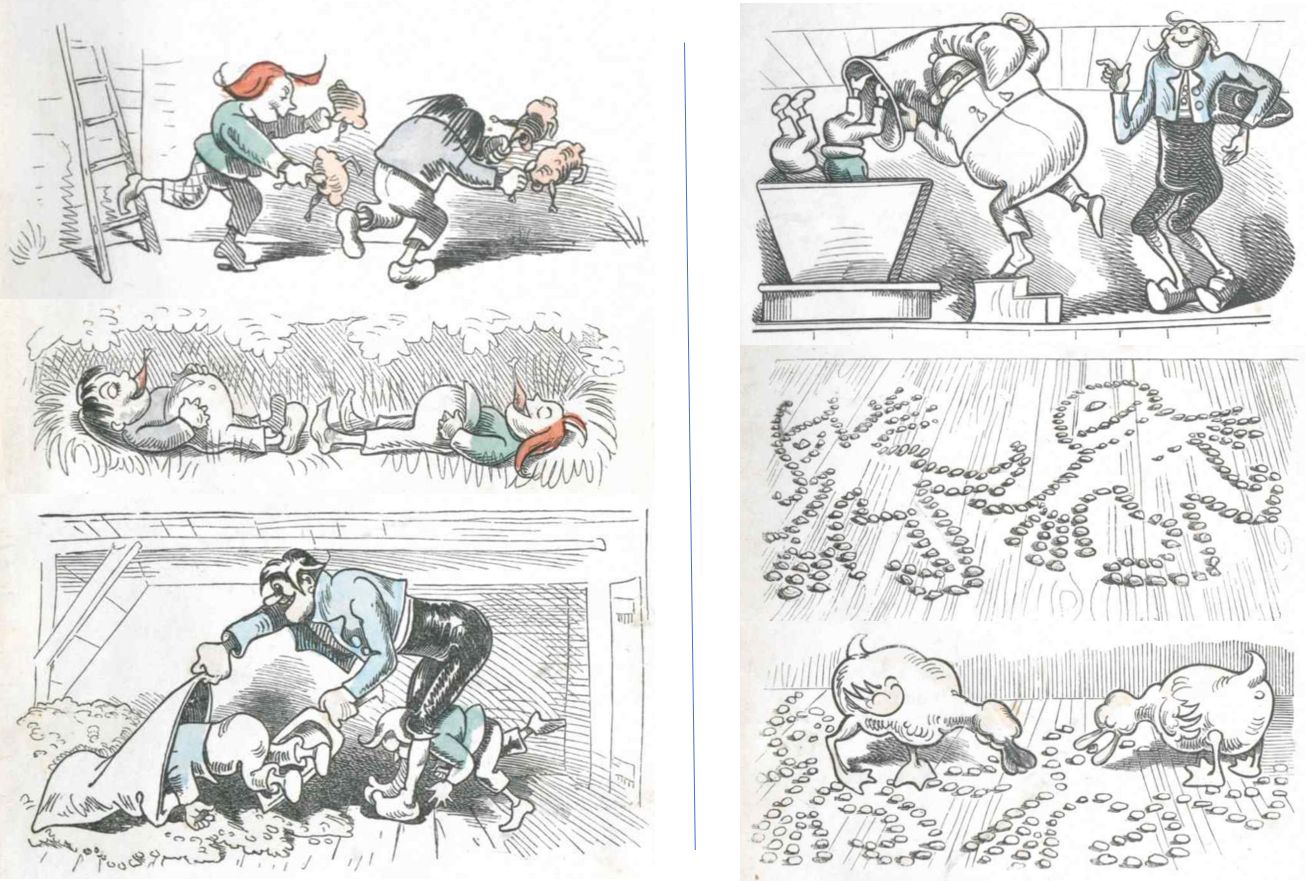 A series of four comic panels depicting humans engaged in playful and exaggerated activities under various settings. In the first panel, two individuals are running up a steep ladder; one is reaching for a cloud figure while the other supports him from below. The second panel shows two characters on the ground, apparently enjoying a relaxed moment in the grass. The third panel features two characters engaged in lifting a heavy sack into a barn, while another supervises. The final panel depicts two individuals following patterns on the floor which resemble the constellations found in the Mazzaroth.