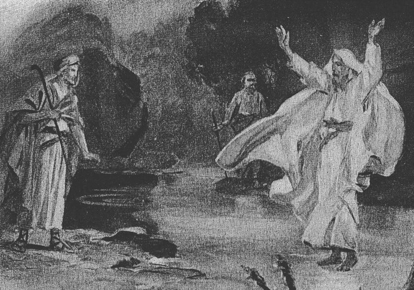 A monochrome illustration of three robed figures in a rocky landscape. The central figure gestures dramatically with arms raised and a look of proclamation on his face. To the left, another figure stands attentively, observing, while a third figure on the right sits with a sword, watching the interaction.