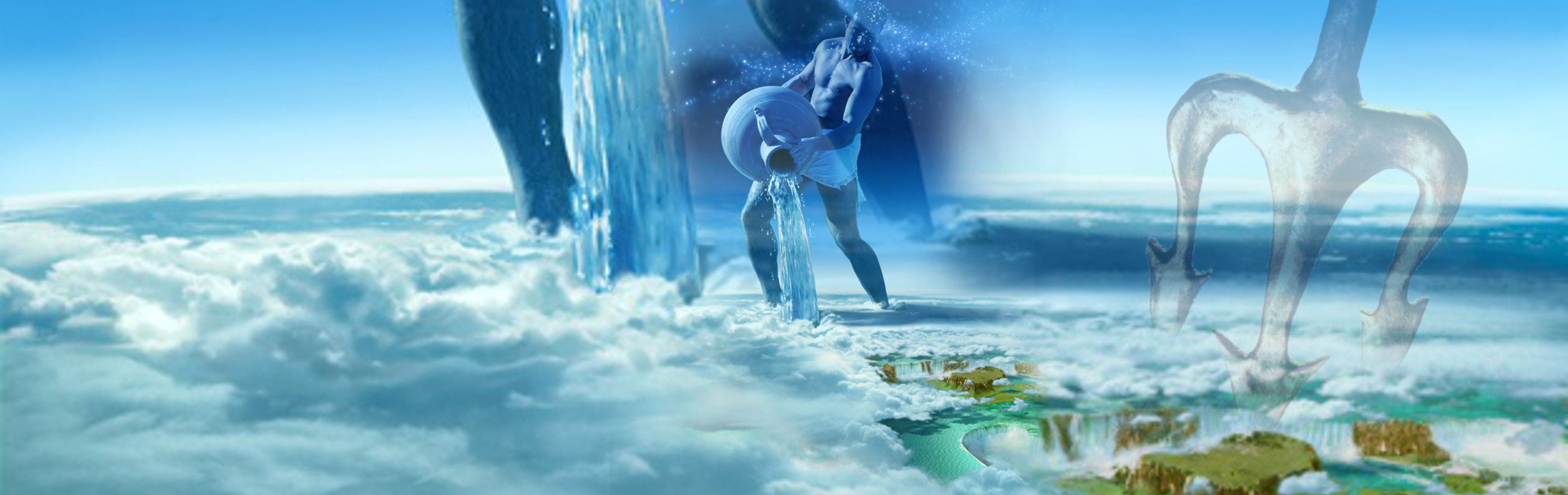 A surreal digital artwork featuring an ethereal scene with a large figure pouring water from two vessels, creating a cascading waterfall amid a cloudy sky. The backdrop includes celestial and terrestrial elements merging, with an archaic anchor-like structure to the right.