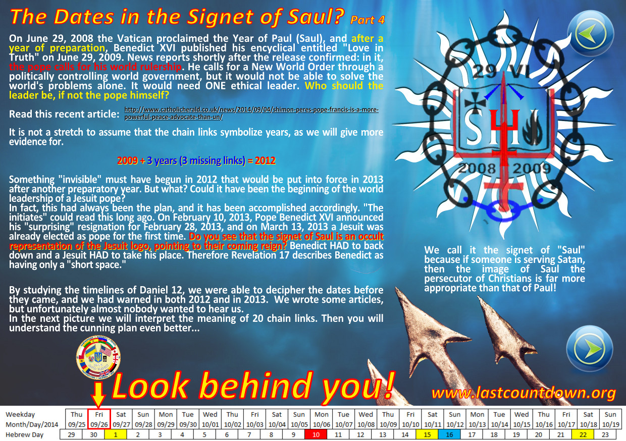 A colorful digital collage featuring a central graphic of a stylized crest with overlapping years "2008" and "2009" linked by a red cross. Surrounding text discusses various dates and events from 2008 and 2009 with interpretations of their significance, avoiding direct astrological references. Includes a graphic calendar for October 2014 and an arrow with the text "Look behind you!" at the bottom.