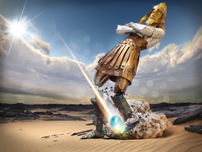 A symbolic sculpture depicting a celestial figure pouring water from an urn over a desert landscape, illuminated by a radiant sun.
