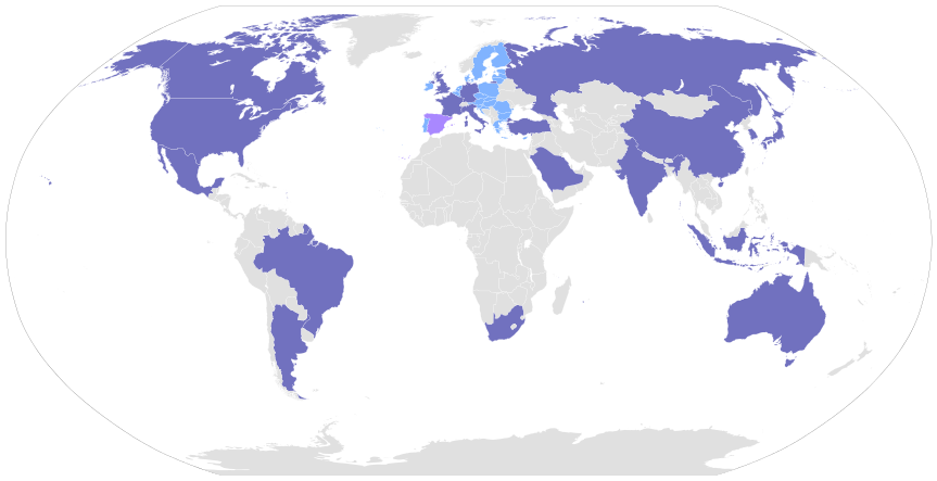 A global map in an elliptical projection displaying countries in varying shades of blue, indicating data categories. The map is centered on the equator, highlighting landmasses and continental outlines prominently, with oceans depicted in white.