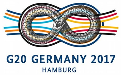Logo for G20 Germany 2017 in Hamburg, featuring a stylized illustration of two intertwined circles resembling a serpent, adorned with a scale-like pattern and surrounded by multi-colored rays, evoking themes from the Mazzaroth.