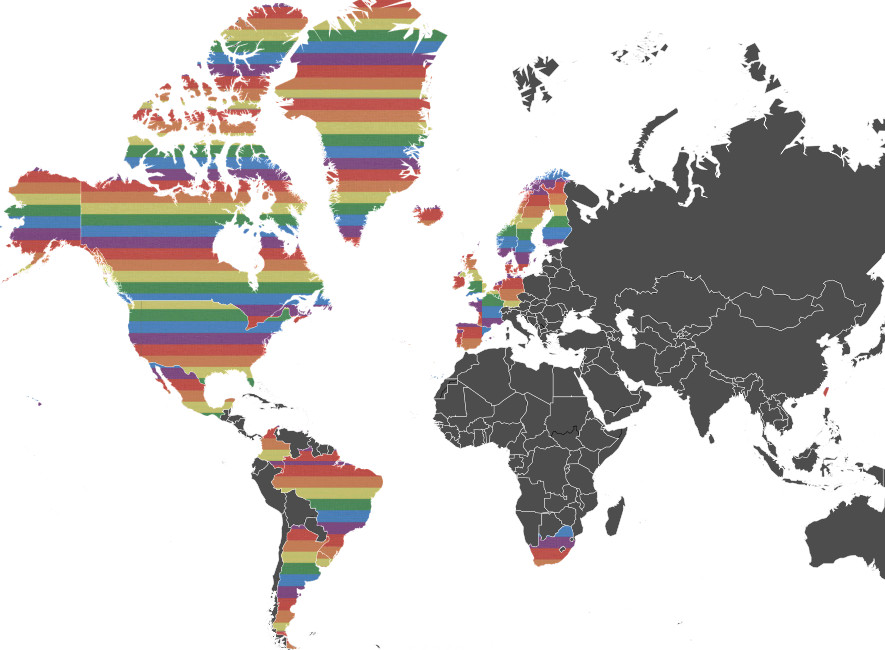 A world map illustrating different countries, with North and South America depicted in vivid stripes of varied colors, while Africa, Europe, and Asia are presented in monochrome. The map emphasizes the distinction between these regions, possibly representing various celestial patterns as referenced in historical records.