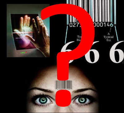 A collage featuring various symbolic elements, including a woman's face with intense green eyes at the bottom half, overlaid with a barcode on her forehead. The top half shows a hand with an image of cosmic light in the palm, digital barcodes, and the number 666 in bold font, set against a dark background with faint celestial stars.
