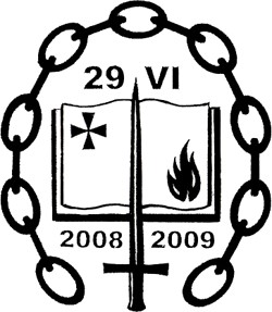 An illustration featuring a central emblem encircled by a chain linkage. The emblem displays a book with symbols including a star and a flame, divided by a vertical line sporting a masculine symbol. The top of the book shows the numbers '29 VI', and the years '2008' and '2009' are noted below.