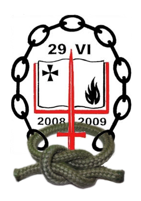 Emblem featuring a square divided into two sections: the left section contains a star and the right a flame, each against a white backdrop. The square is encircled by a chain link design and rests above a green knotted rope. The years 2008 and 2009 are marked below the star and flame, divided by a red cross, with the numbers 29 and VI above within the chain circle.