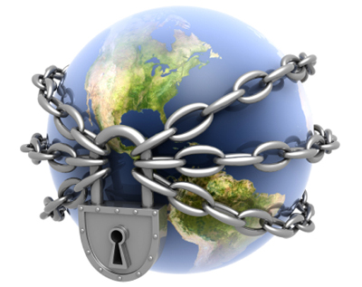 A digital illustration of Earth enwrapped in thick, metallic chains and secured with a large padlock, symbolizing restricted global interactions or the concept of safeguarding planetary resources.