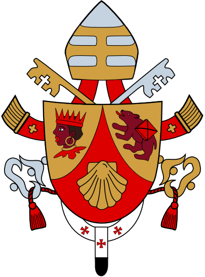 Illustration of an ornate coat of arms featuring a shield divided into three sections. The top left section depicts a crowned figure in profile, the top right contains a rendition of a celestial crab with stars, and the center hosts a classical scallop shell. Surmounting the shield is a symbolic bishop's hat and crossed keys, with ornamental tassels and bands flanking the sides.