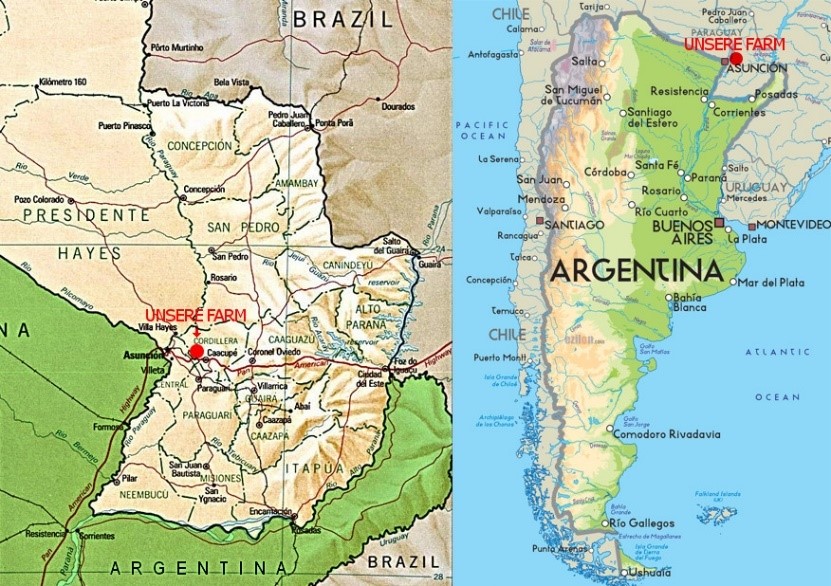 Split map image showing two geographic areas, Paraguay on the left and Argentina on the right. The left map highlights specific towns and regions with color gradations representing varying elevations, with a pinpoint on Unsere Farm in central Paraguay. The right map focuses on Argentina, brightly colored to illustrate topographic differences with major cities labeled and a pinpoint on Unsere Farm near Buenos Aires.