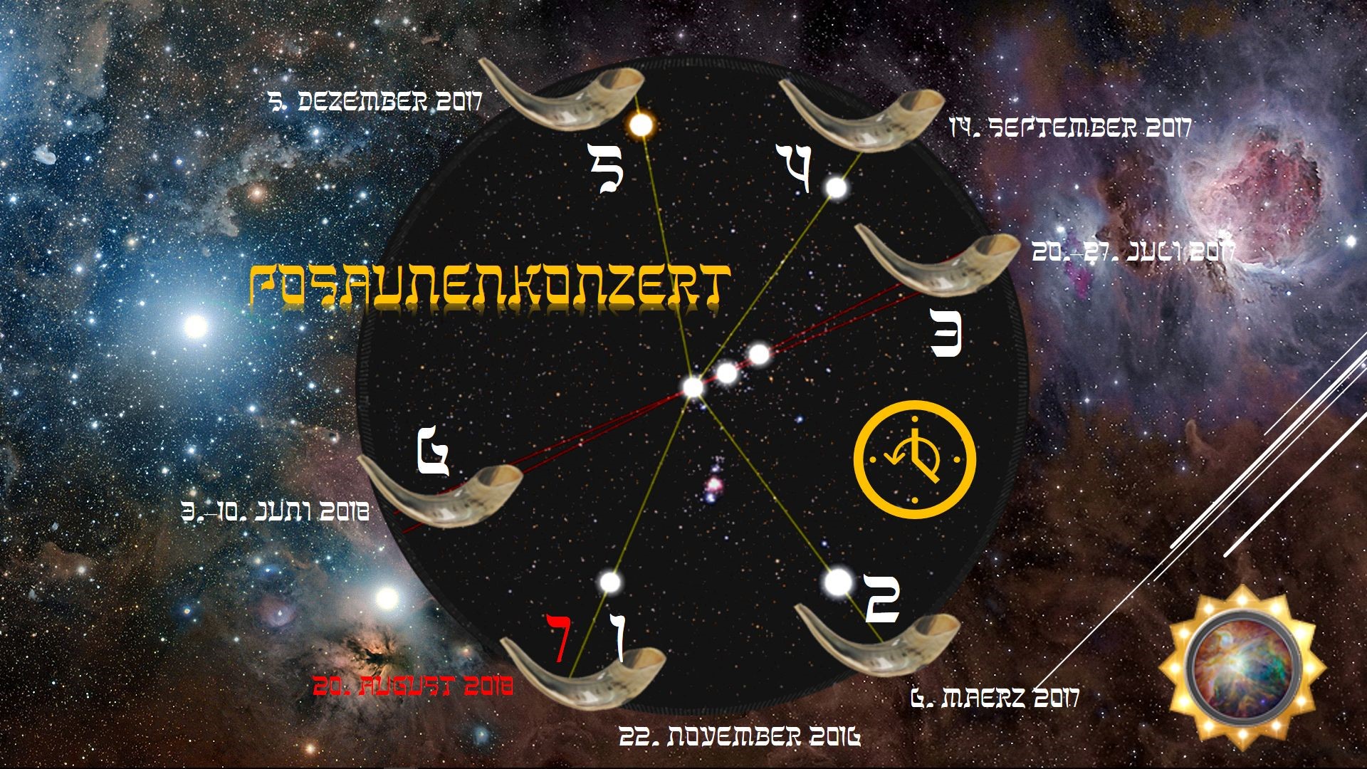 A vibrant cosmic background featuring nebulae and stars with a central graphical overlay of interconnected lines and traditional horns. The overlay includes text annotations of dates strategically placed around symbols resembling celestial events. The theme appears to align with specific astronomical occurrences.