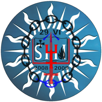 A circular emblem featuring a distinctive central motif with intertwined letter 'S' and the number 4; surrounded by white and blue wave-like and celestial symbols, and a blue outer ring with numerals 29 above and 2008 to 2009 below. Embedded elements suggest a thematic reference to the Mazzaroth.
