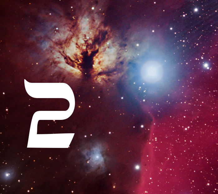 A vivid space scene displaying a vast nebula with radiant clusters of stars, gas clouds in hues of red and blue, and a large number '2' presented prominently in the foreground.