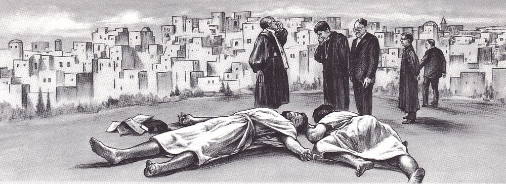 Monochrome illustration depicting a group of modern-dressed men standing and observing two figures in ancient robes lying on the ground, with a background of densely packed, cubic, hilltop buildings resembling an ancient city.