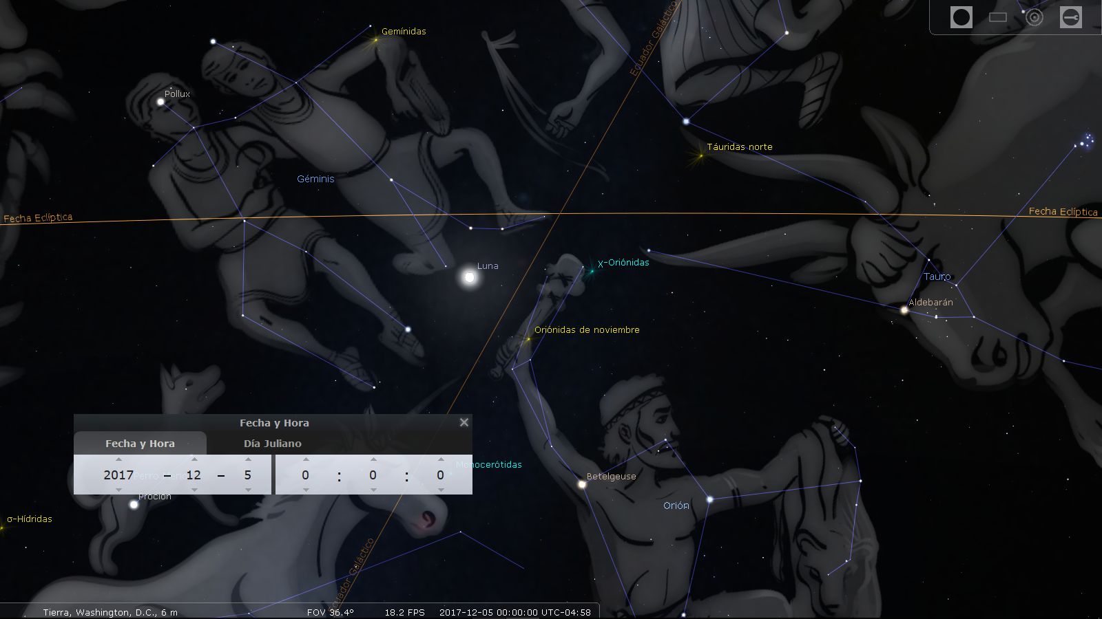 Imagen de un software astronómico que muestra una representación visual de diferentes constelaciones y la Luna sobre un fondo oscuro estrellado. Se observan etiquetas sobre figuras que representan grupos de estrellas como Géminis, Tauro y Orión, y destacados pronósticos como las Gemínidas y Táuridas norte. En la parte inferior izquierda, hay un panel que muestra la fecha y hora específica, "2017-12-5 00:00", con más información de ubicación y ángulo de visión.