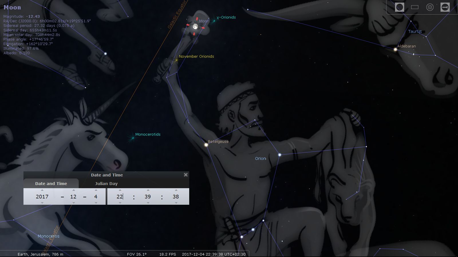 An astronomical software interface displays constellations and celestial bodies above Jerusalem. The screen shows the Moon's position and data over Orion, a noted Mazzaroth figure, with connected blue lines outlining his figure and nearby stars, Betelgeuse and Taurus. A depiction of a unicorn, Monoceros, is also visible.