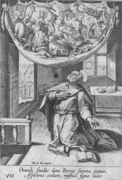 An engraving depicting an elderly scholar in 17th-century attire, observing a large celestial map suspended above him. The map intricately illustrates various creatures and figures that represent the Mazzaroth, organized in a circular formation. The setting includes a studious room with shelved objects and scientific tools.
