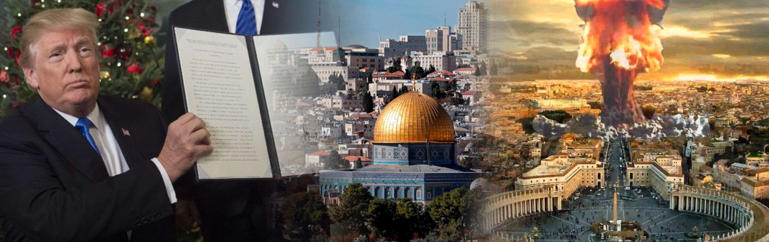 A composite image showing several significant scenes. On the left, an elder statesman with blond hair holds a document adorned with a seal in front of a Christmas tree. The central segment shows a panoramic view of a historic city with diverse architecture, including a prominent golden dome. Toward the right, the image transitions into a scene of another historic city with a large plaza, prominently featuring an obelisk and a colonnaded structure. The scene concludes with a dramatic depiction of a fiery column disrupting a cityscape at sunset.