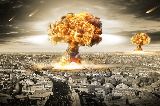 An apocalyptic scene depicting two large explosions creating massive fireballs over a densely populated city, accompanied by meteor-like objects streaking through a clouded sky.