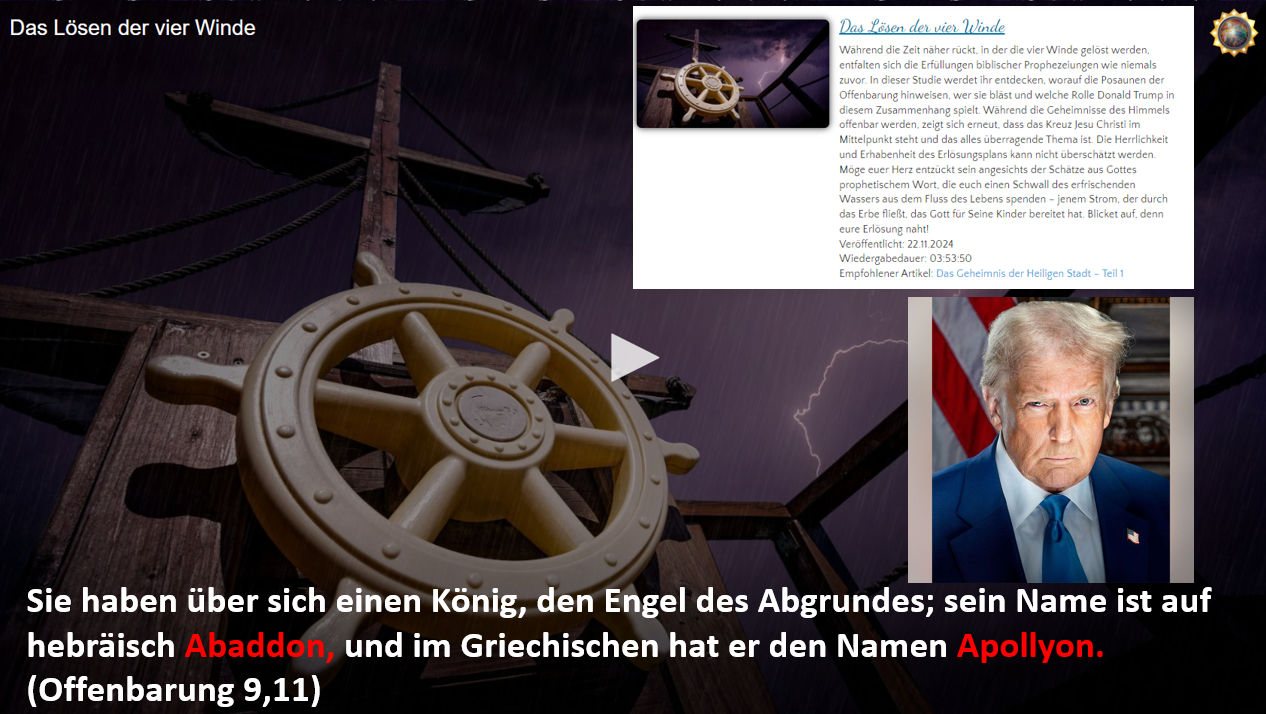 Eine nautische Szene bei Nacht mit einem Steuerrad im Vordergrund und einem Teil eines Schiffs im Hintergrund, umgeben von dunklem Himmel und einem Blitz. Ein kleinerer Bildausschnitt zeigt eine ernste männliche Person mit weißem Haar und Anzug, die direkt in die Kamera blickt.