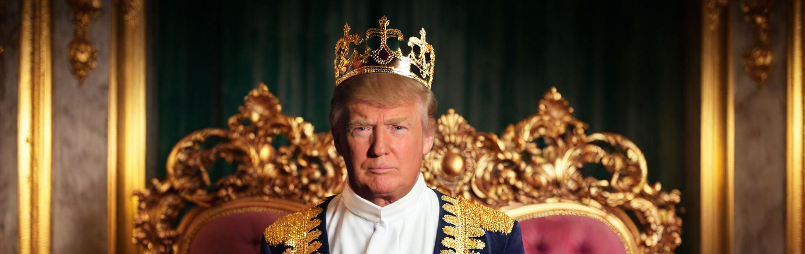 A mature man in regal attire including a crown, poses solemnly in front of a golden, ornately carved chair set against a backdrop of opulent, gilded columns and a dark green curtain.