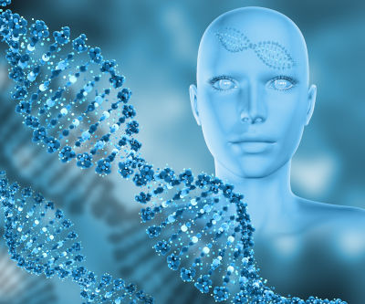 A digital illustration depicting a human-like figure with translucent skin, highlighted in shades of blue, gazing into the distance. The figure's forehead is adorned with a subtle pattern resembling a constellation. In the foreground, a stylized double helix structure made of glowing blue particles suggests a connection to the fundamentals of life.