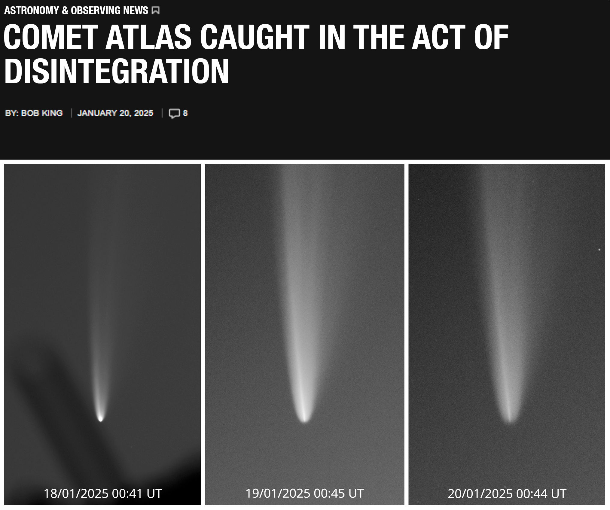 A sequence of three grayscale images capturing the disintegration of comet ATLAS on consecutive dates. The comet displays a distinctly elongated tail in each frame, with visible changes in its structure and brightness. The time stamps below each image indicate the precise observation times.