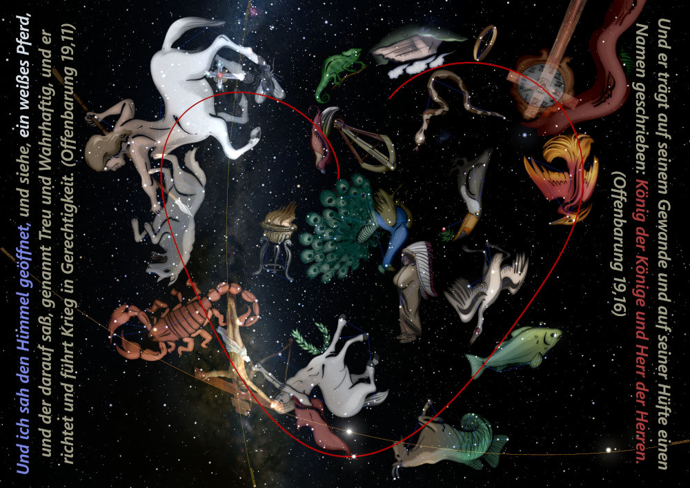 Illustration showing various celestial constellations connected by a red arc, set against a dark starry background. Each constellation is depicted as different mythological and natural figures floating in space, including a crab, a set of scales, and a hunter. The image invokes themes of the Mazzaroth as referenced in ancient texts, surrounded by nebulous celestial designs.
