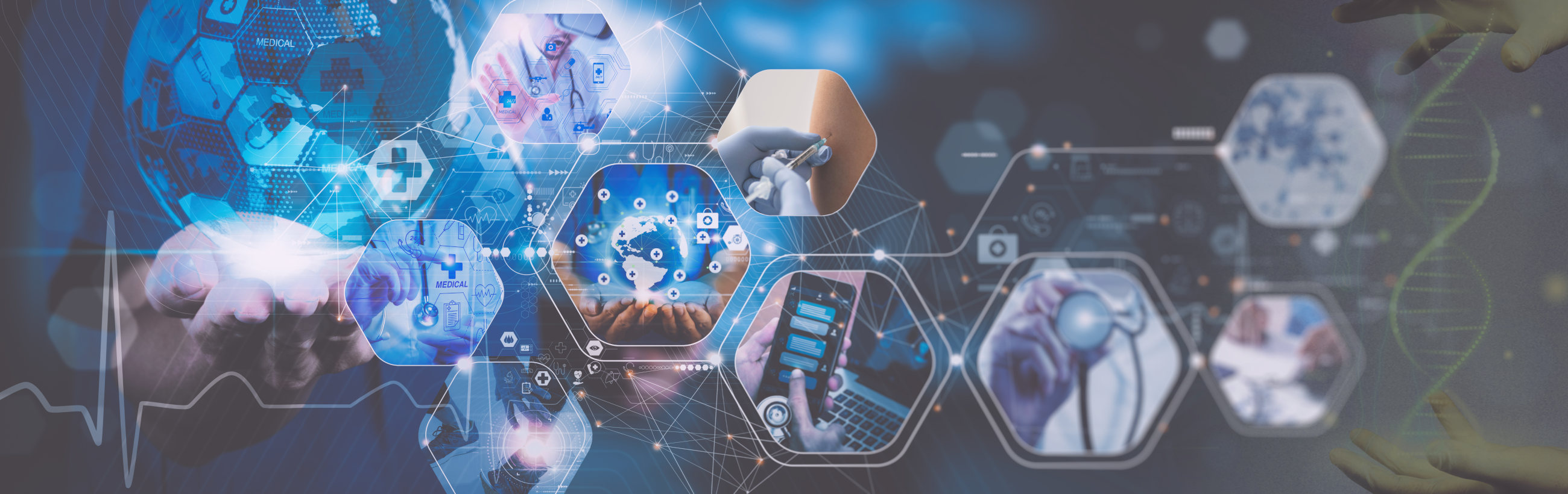 A futuristic montage of digital healthcare and technology with overlapping images of DNA strands, healthcare professionals, a global network, medical icons, and a person interacting with a holographic interface.