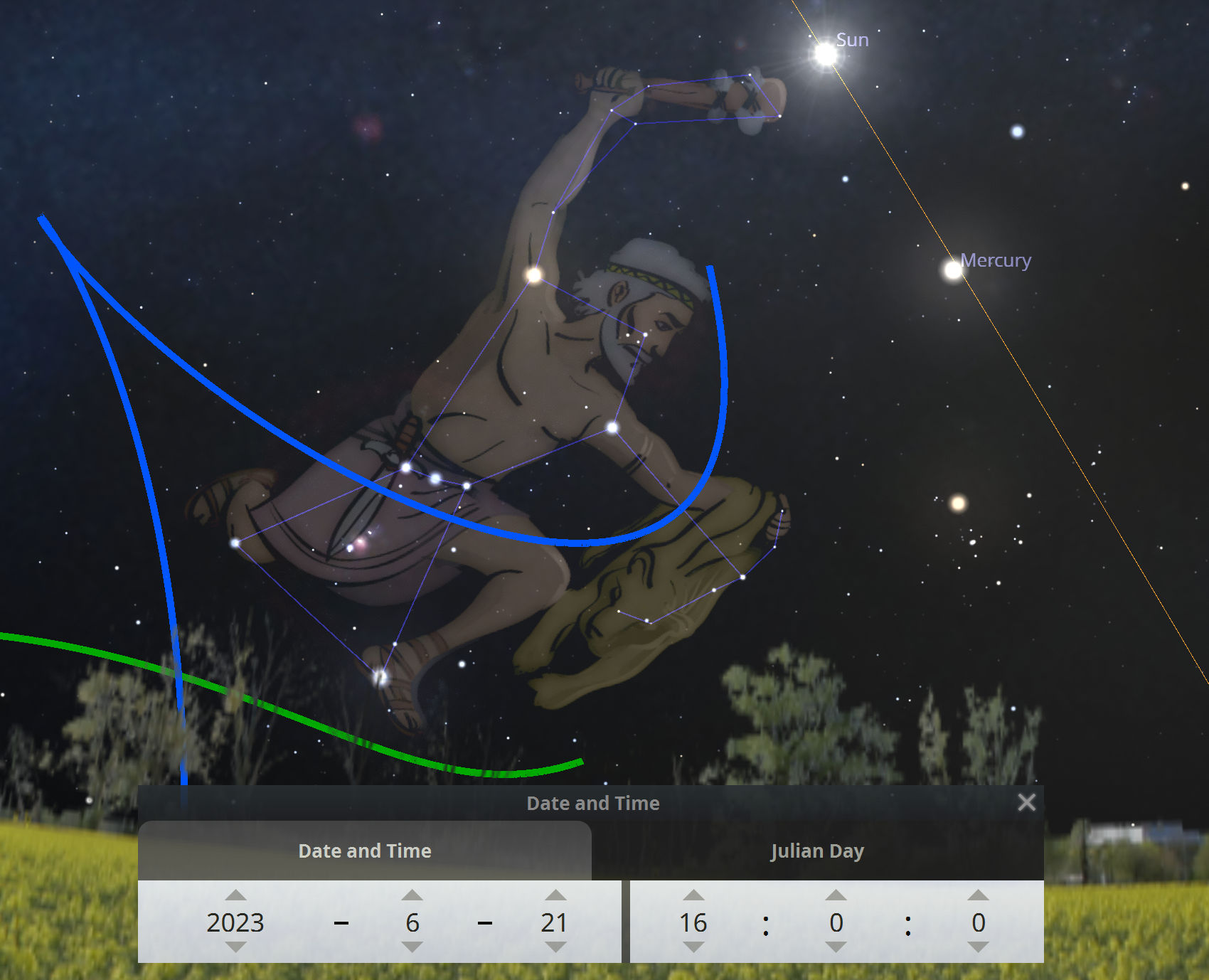 A digital depiction of the night sky featuring a constellation in the shape of a figure wielding a bow and arrow, positioned near the sun and the planet Mercury, highlighted with connected blue lines. The background includes a dark sky filled with numerous stars, and the scene is overlaid with labels for celestial objects and a bottom interface indicating the date and time as June 21, 2023.