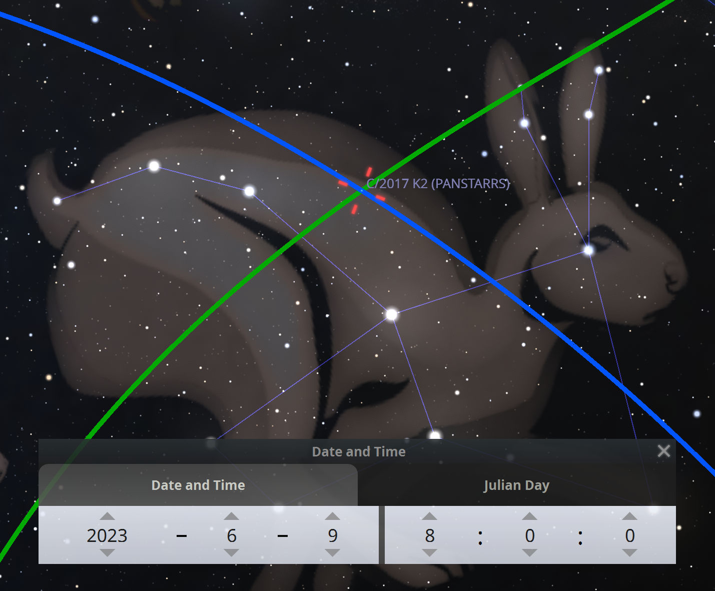 A digital illustration of a constellation from the Mazzaroth, depicted as a creature resembling a large rabbit composed of stars connected by lines. In the foreground, an interface displays the date and time as June 9, 2023, and the Julian Day count. A comet labeled "C/2017 K2 (PANSTARRS)" is indicated by a red and green arrow near the constellation.