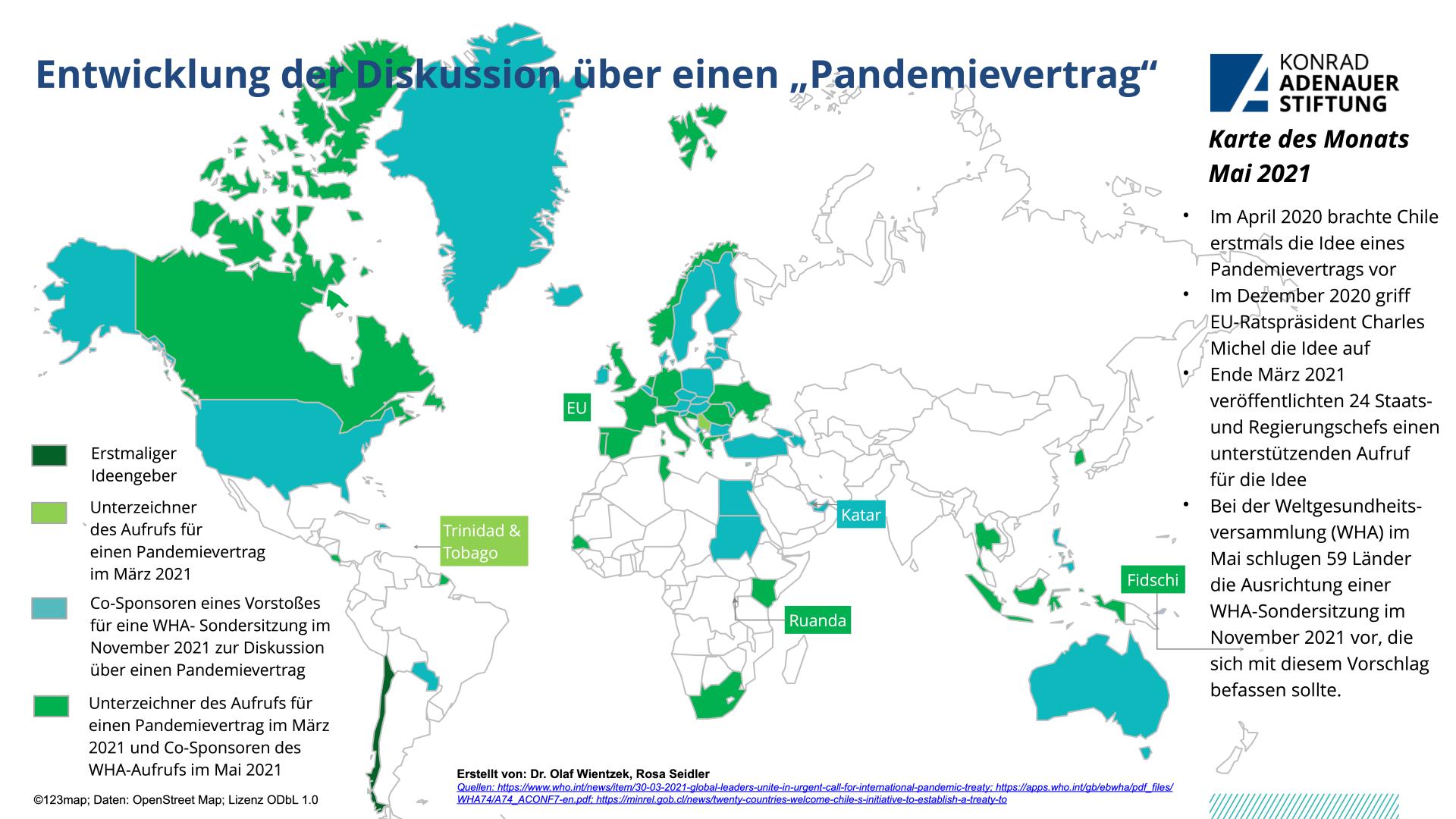 Diagramm zeigt die geografische Verteilung und Entwicklung der Unterstützung für einen Pandemievertrag bis Mai 2021. Verschiedene Länder und Regionen sind in unterschiedlichen Grünfarben dargestellt, je nach ihrer Rolle und Beteiligung an der Diskussion und Förderung des Vertrages, einschließlich Umrisse von Nordamerika, Europa, Teilen von Asien und Ozeanien.