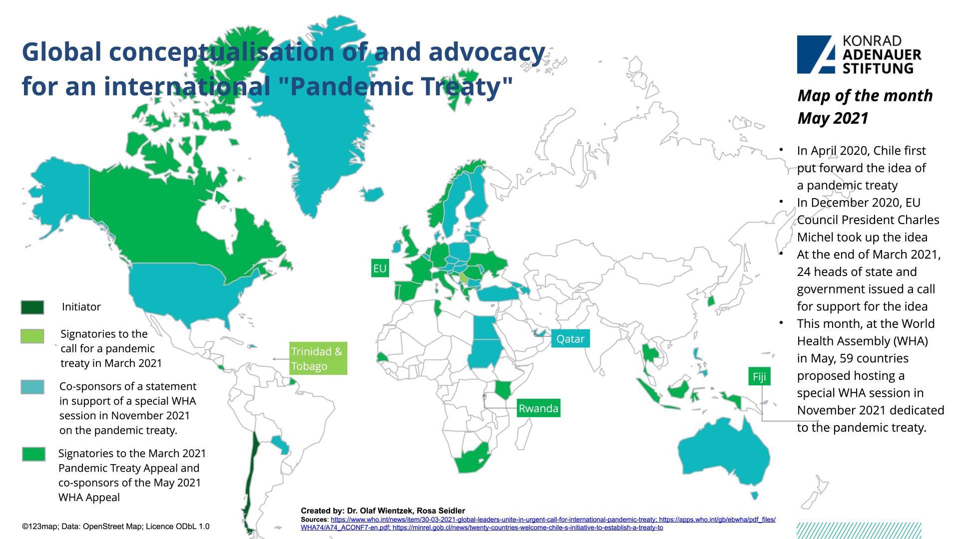 A map illustrating global support for a proposed "Pandemic Treaty" as of May 2021. Various shades of green indicate the level of support from different countries, with darker greens representing initiators and lighter greens marking signatories and supporters of various statements and treaty calls. Key countries and regions like the European Union, Trinidad & Tobago, Qatar, Rwanda, and Fiji are labeled. Additional text includes timelines and significant events related to the treaty's advocacy.