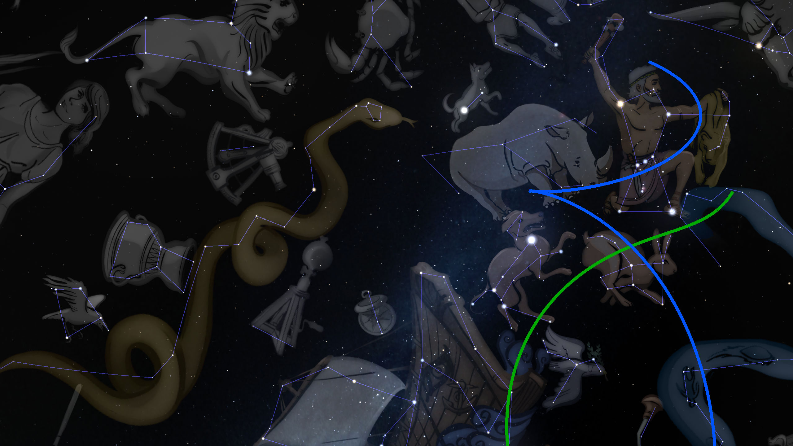 An artistic depiction of the nighttime sky filled with various constellations. Illustrations depicting mythological creatures and human figures are connected by blue and green lines drawing patterns among the stars.