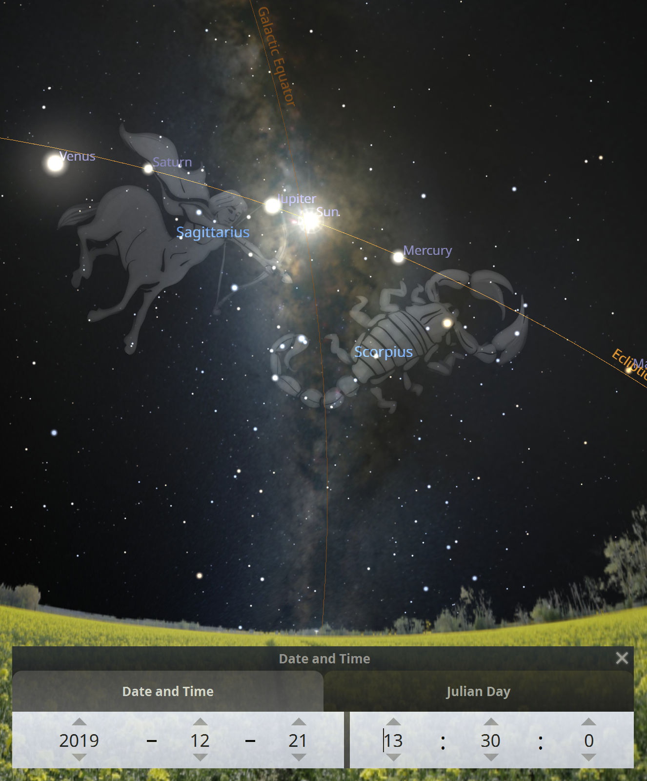 A digital representation of the night sky displaying celestial bodies and constellations along the galactic equator. The planets Venus, Saturn, Jupiter, and Mercury are labeled, along with celestial illustrations associated with Mazzaroth structures, one resembling an archer and another a scorpion. The faint Milky Way serves as a backdrop against a star-studded sky, with elements like date and Julian day displayed on a dashboard at the bottom.