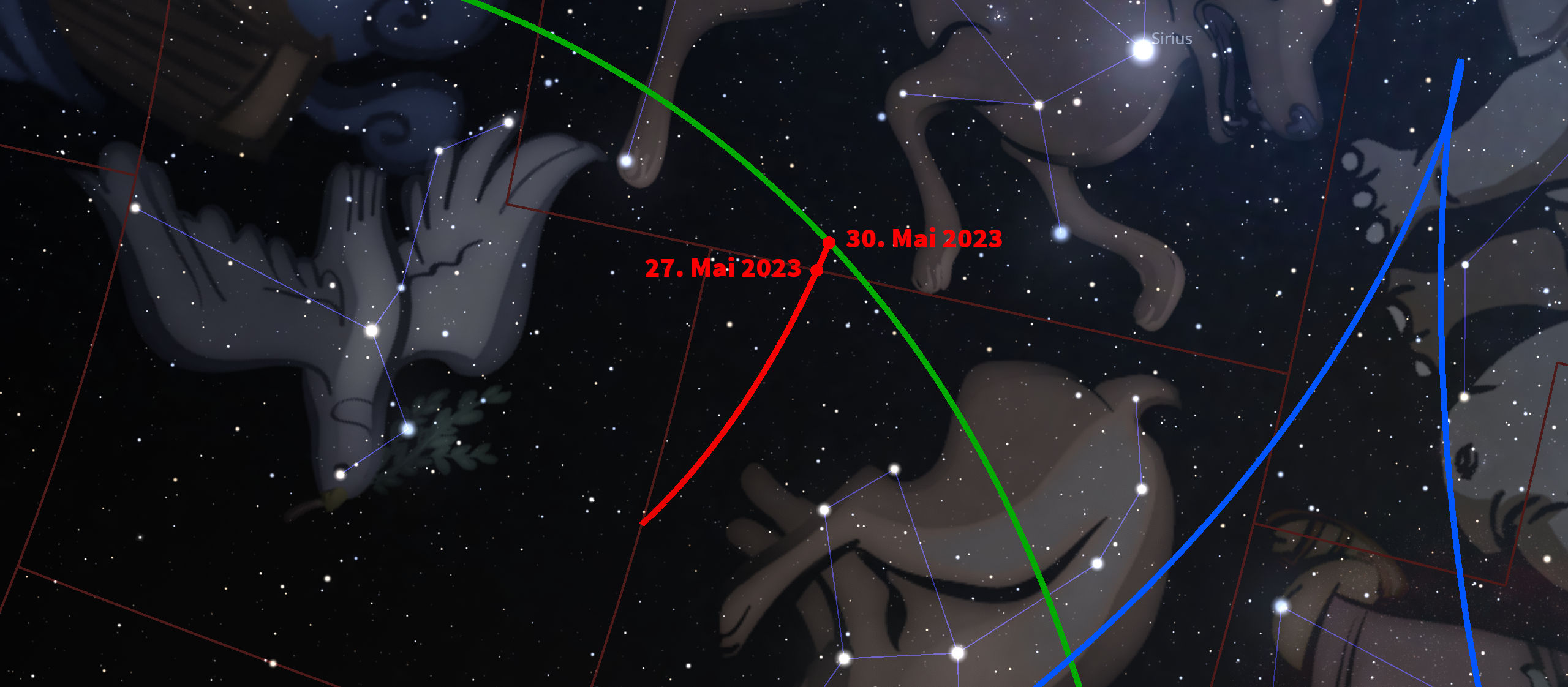 Ein astronomisches Bild zeigt verschiedene Mazzaroth-Konstellationen in einem nächtlichen Sternenhimmel überlagert mit farbigen Linien, die wichtige astronomische Ereignisse vom 27. Mai 2023 und 30. Mai 2023 darstellen. Die Sterne sind durch weiße Punkte und die Konstellationen durch weiße Linien miteinander verbunden, während ein besonderer Fokus auf den Stern Sirius gelegt wird, der als heller Punkt hervorgehoben ist.