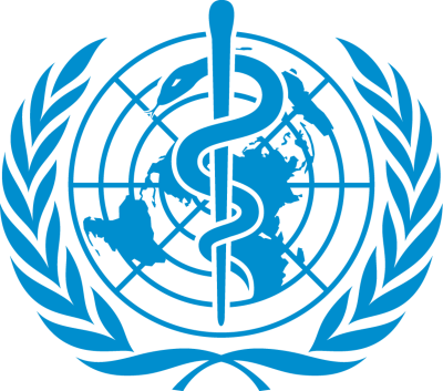 Emblem featuring a serpent entwined around a vertical rod, set against a depiction of the Earth surrounded by olive branches, all in a bold blue color.