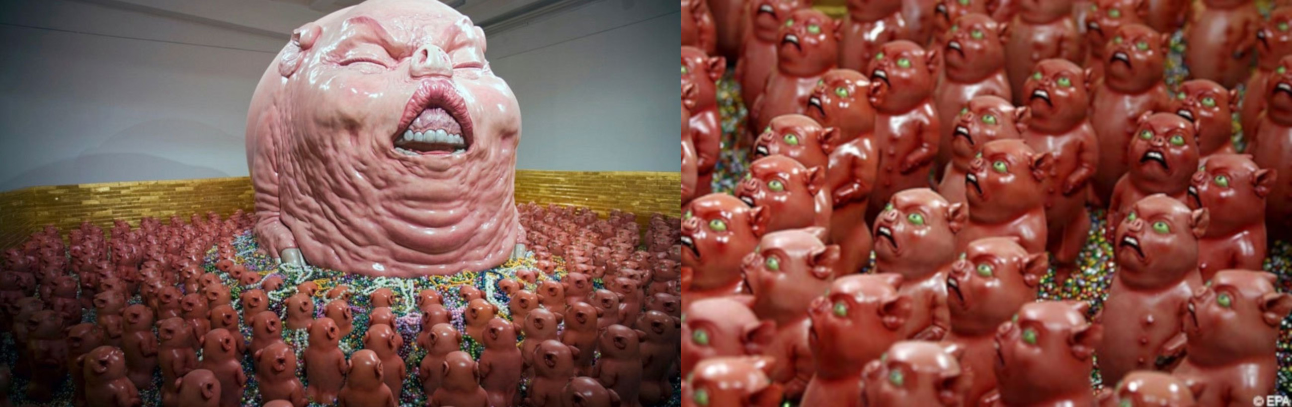 An art installation featuring a large, exaggerated sculpture of a human head with an open mouth and multiple small sculptures of stylized pigs beneath, arranged on a bed of colorful beads, expressing diverse emotions and attitudes.