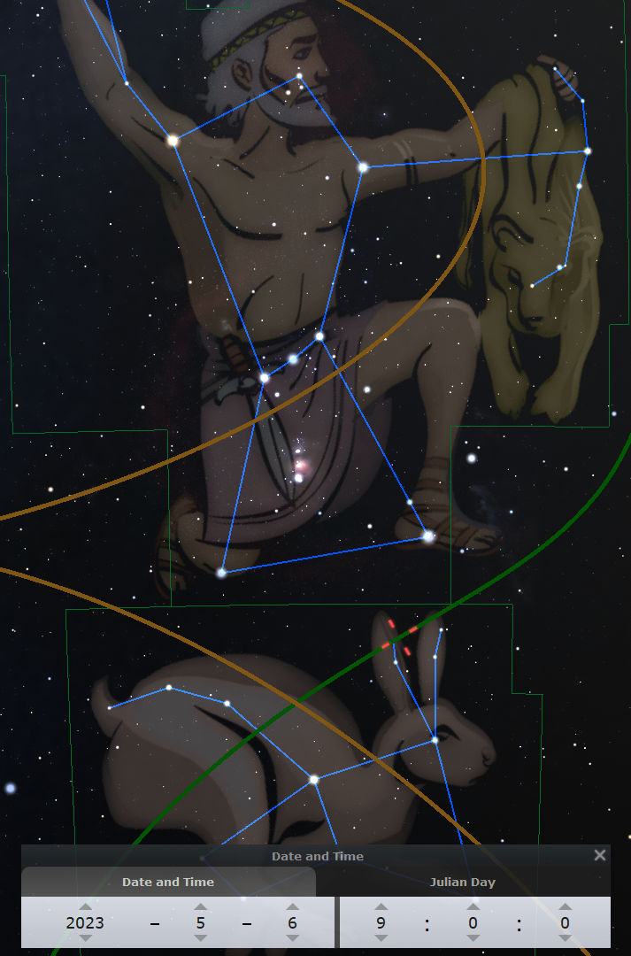 Illustration of a constellation in the Mazzaroth depicting a humanoid figure stretching a bow, juxtaposed against a star-filled night sky. The figure is connected by lines to various bright stars, forming a pattern over the celestial background. Below are interfaces displaying date and Julian day settings.
