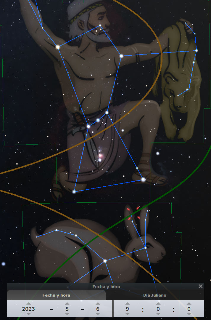 Imagen digital que muestra una serie de constelaciones conectadas por líneas de luz azul sobre un fondo estrellado. Incluye la figura de un hombre con la apariencia de un arquero que apunta su flecha hacia una constelación en forma de animal que se asemeja a un cangrejo. Estas figuras están superpuestas a coordenadas celestes delineadas en líneas amarillas y verdes, indicativas de mediciones astronómicas.