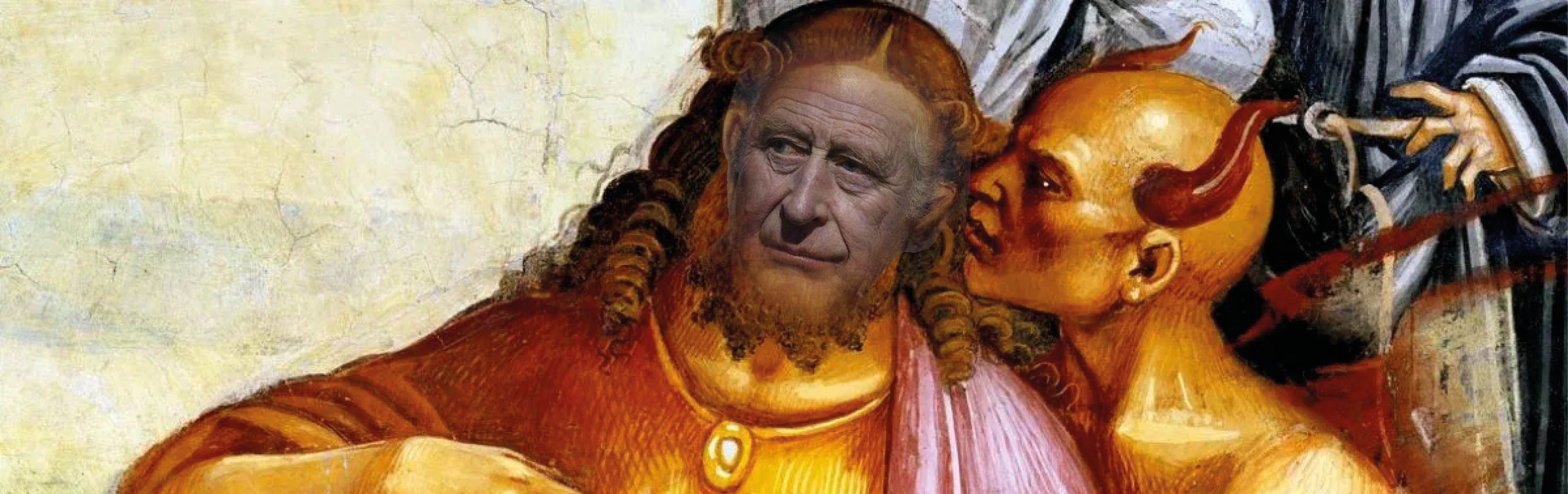 A digitally altered classical painting showing two characters, one resembling the likeliness of a celestial being traditionally associated with the Mazzaroth, engaging with a figure that has an otherworldly, reddish appearance. The first character is adorned in a vibrant orange garb with detailed curls and an expression of calm wisdom, while the second whispers closely, exuding a sense of mysterious counsel.