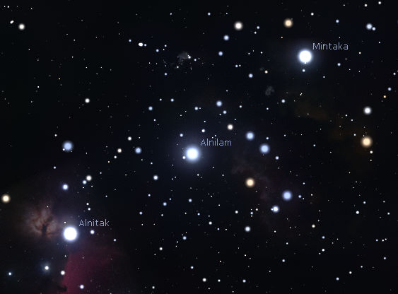 A detailed image of the night sky featuring numerous stars and cosmic clouds. Prominent stars Mintaka, Alnilam, and Alnitak are labeled, located within one of the Mazzaroth constellations.