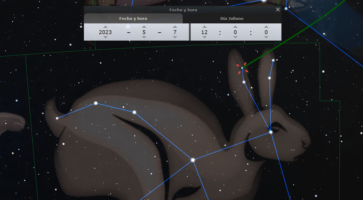 Imagen que muestra una representación gráfica conectando estrellas específicas para formar la silueta de un conejo sobre un fondo de cielo estrellado, con superposiciones de líneas de cuadrículas y datos de fecha y hora del calendario gregoriano y juliano.