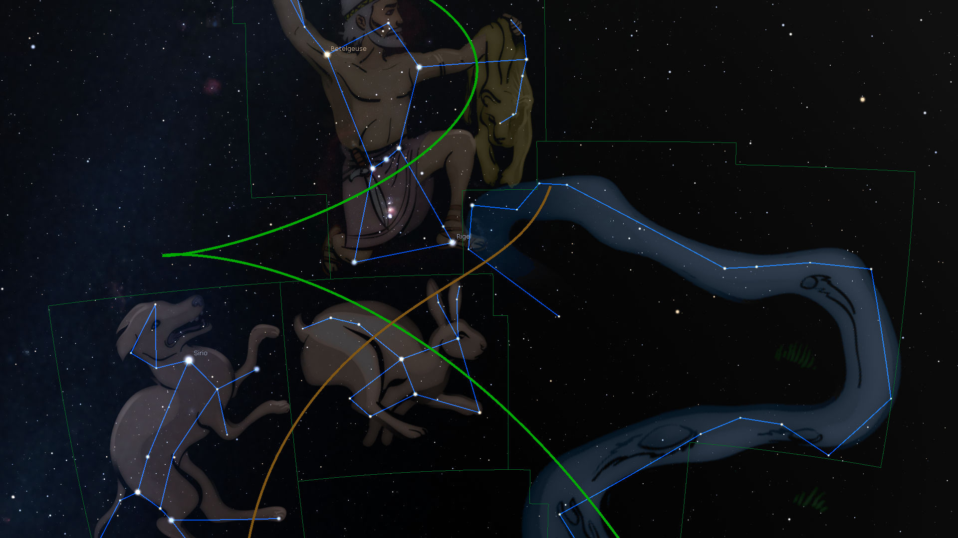 Imagen que muestra una representación artística de constelaciones del Mazzaroth sobre un fondo estrellado. Las constelaciones están conectadas por líneas que forman figuras antropomórficas y de animales. Nombres de estrellas como Betelgeuse, Sirio y Rigel están etiquetados en la imagen.