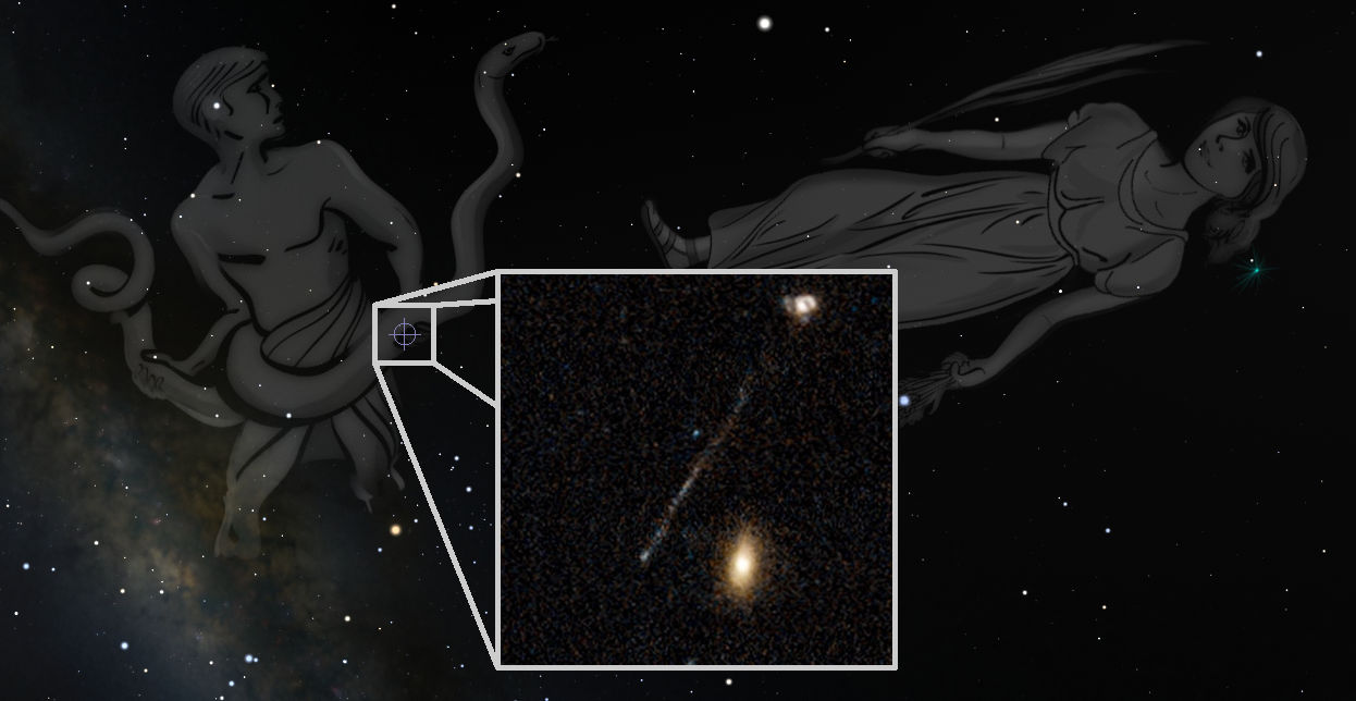 Illustration of two artistic depictions of figures set against a starry night sky. The figure on the left resembles a human with flowing forms extending from the back, while the figure on the right is a human figure draped in a long robe, looking serene. A detailed inset showing a real astronomical image displays a segment of the night sky with stars and celestial bodies.