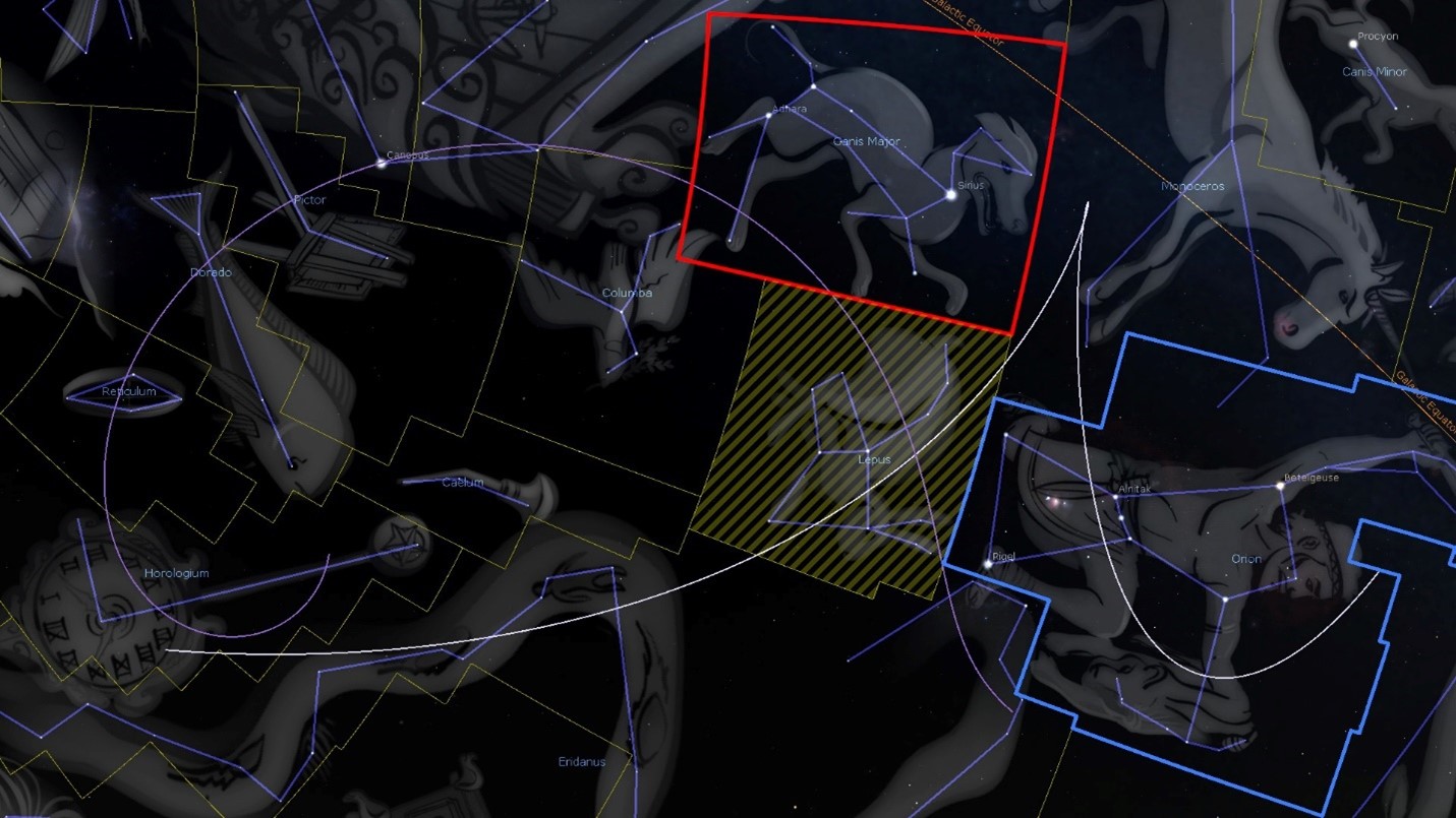 A complex digital illustration portraying a celestial map with various constellations depicted as mythological figures inked in dark tones against a black background. These figures are interconnected by vibrant blue lines representing celestial connections. The image features highlighted sections in red and yellow stripes to emphasize specific areas of the celestial framework.