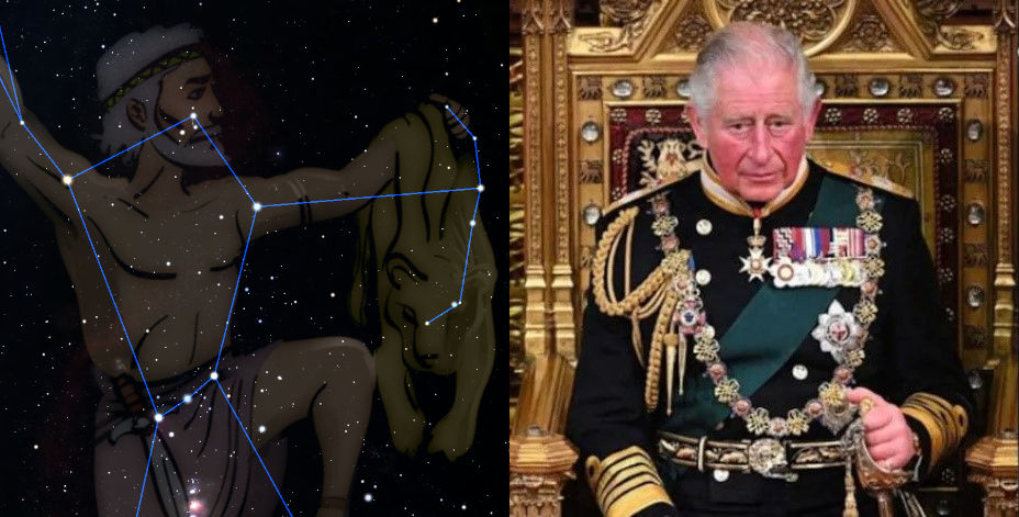 A split-image showing a constellation from the Mazzaroth on the left, depicted as a man pouring water from a vessel, outlined against a starry sky, and an elderly man in a highly decorated military uniform adorned with numerous medals, seated on an ornate golden throne on the right.