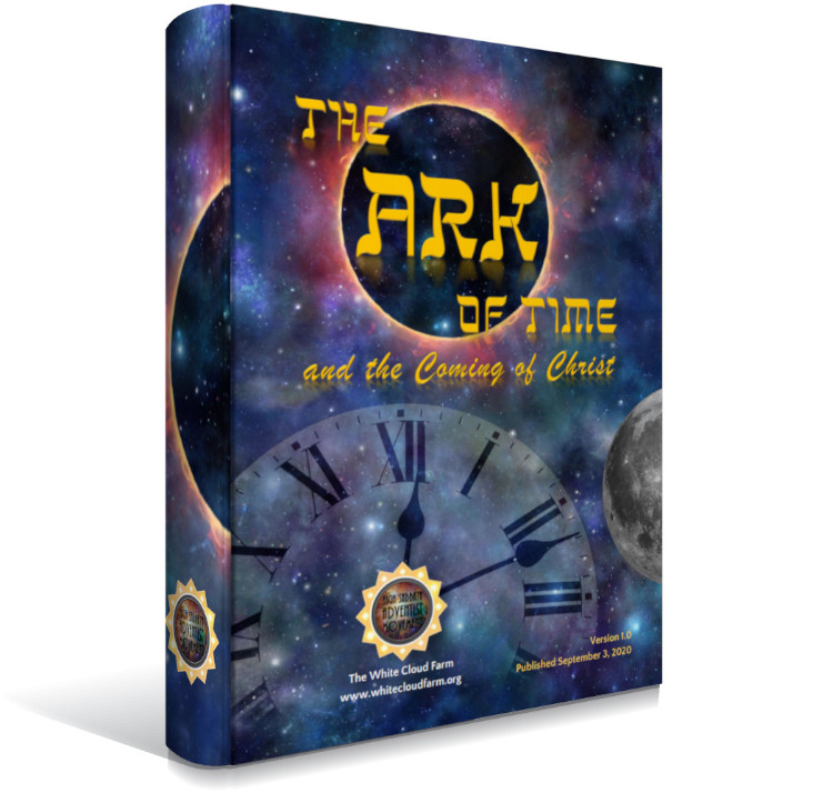 A book cover titled "The Ark of Time and the Coming of Christ" features a cosmic background with glowing nebulae and a large moon. The cover includes a central eclipse imagery and an antique clock face showing midnight, along with multiple badges and a publication date, hinting at celestial and temporal themes.