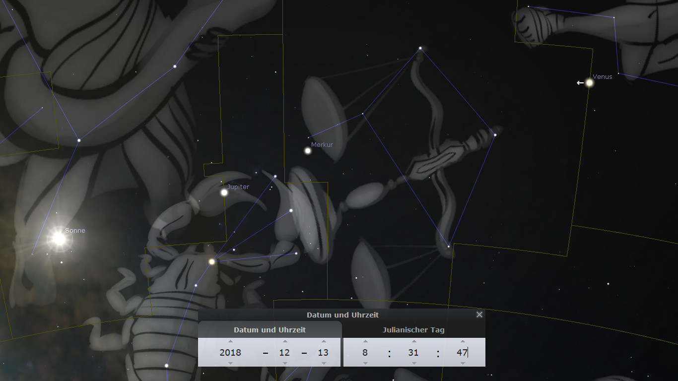 Sternbildkonstellation mit Planeten Sonne, Jupiter, Merkur und Venus, die über das Datum und die Uhrzeit des julianischen Tages leuchten. Visuelle Darstellung der Mazzaroth in einem dunklen Himmelsfeld.