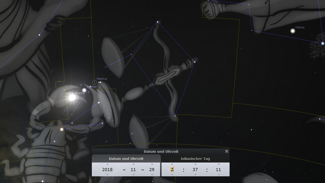 Digitale Darstellung einer Sternkonfiguration im Mazzaroth, umgeben von astronomischen Symbolen und Sternennamen wie Merkur, Jupiter und Venus, die mit Linien verbunden sind. Das Bild zeigt auch eine leuchtende Darstellung der Sonne und Informationspanels mit Datums- und Uhrzeitangaben: 29. November 2018, 2:37 Uhr.